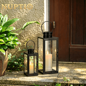 Nuptio Black Metal Candle Lantern Decorative Indoor Outdoor for front Porch Patio Decor Set of 2