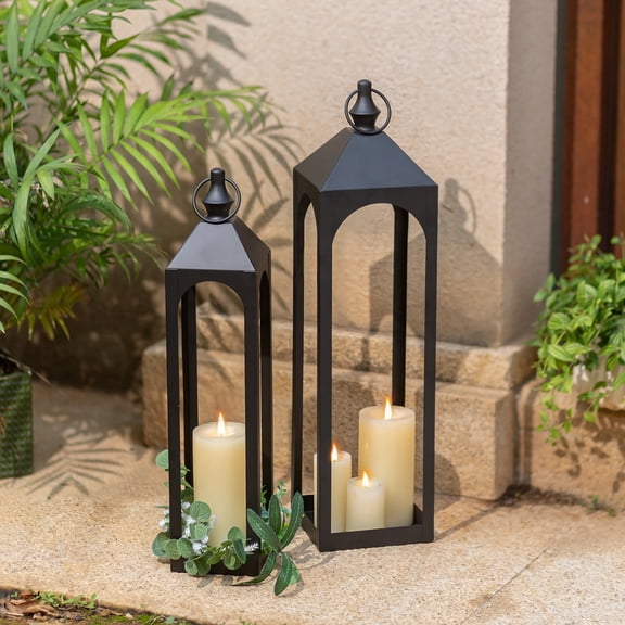 NUPTIO Tall Black Lanterns Decorative Indoor Outdoor, Floor Lantern for Front Porch Fireplace Patio Garden Set of 2