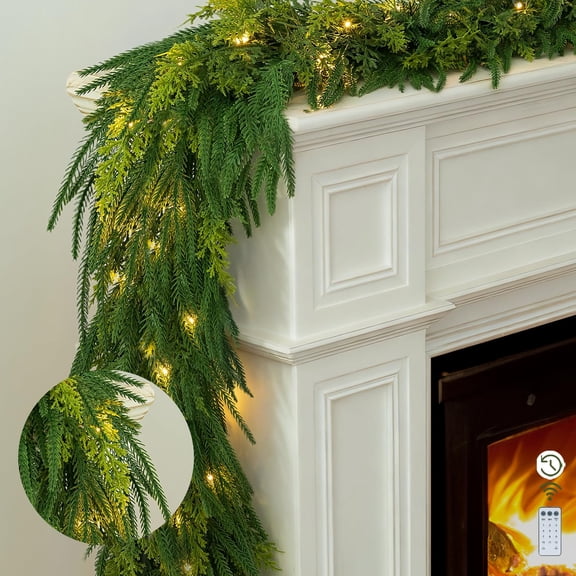NUPTIO Pre Lit Christmas Norfolk Pine Garland: 6ft Real Touch Cedar Greenery Garlands with Lights for Table Mantle Fireplace Stairs Decorations