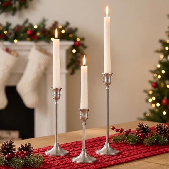 NUPTIO Silver Candlestick Holder for Taper Candle Centerpiece for Table Set of 3