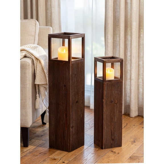 NUPTIO Farmhouse Wooden Lanterns Column Decorative Indoor ,34"/ 26" Boho Floor Outdoor Lantern for Porch, Patio Front Door Set of 2