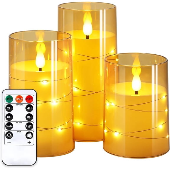 NURADA Flickering Flameless Candles: Built-in Star String Lights Unbreakable 3D Wick Acrylic Battery Operated LED Pillar Candles with Remote and Timer for Romantic Mood Home Decoration - 3 Pack Gray