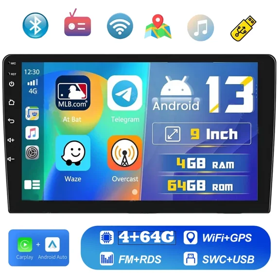 NURATIT 9-inch 4-Core 4+64GB Full Touch Screen Android Car Radio Audio Video Stereo Player for Double Din Radio with CarPlay Android Auto 4G&WiFi DSP FM&AM