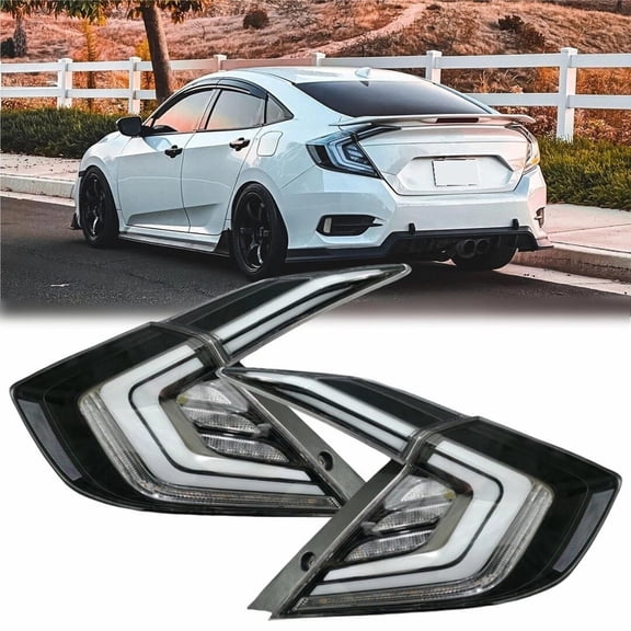 NURATIT Black Tail Lights w/White LED Strips, Sequential LED Turn Signal, and Startup Animation Compatible with 2016-2021 Honda Civic 4-Door Sedan, Left + Right Pair Assembly