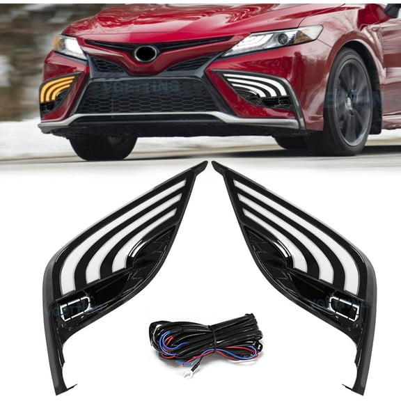 NURATIT Daytime Running Light For Toyota Camry 2021- 2024 Fog Lights Tri-Colors DRL LED Turn Signal Lamp For Camry SE XSE LED Light with Bezel + Wire Harness