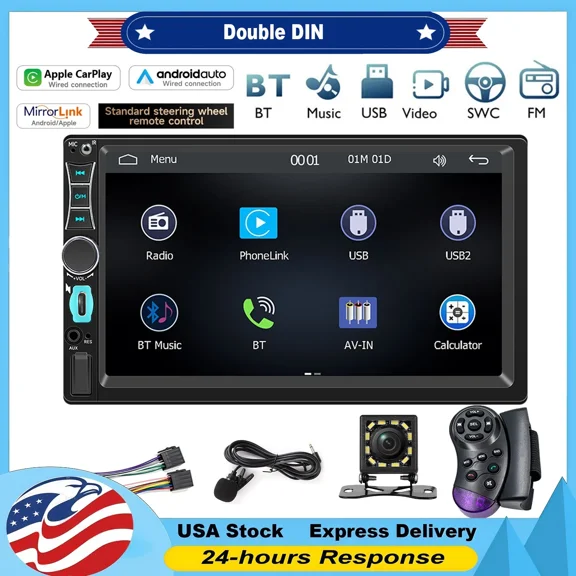 NURATIT Double Din 7" Touch Screen Stereo Bluetooth Radio Car Apple/Android Carplay GPS F7021C