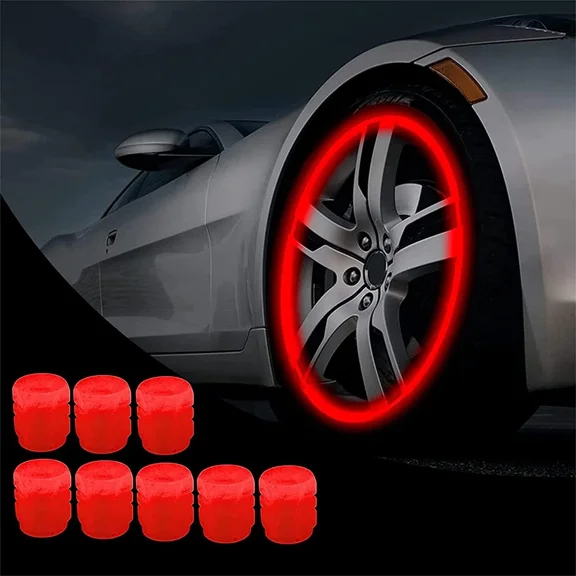 NURATIT Glow in The Dark Tire Valve Caps Fluorescent Tire Valve Stem Caps, Cool Car Present for Universal Decoration Accessories for Car SUV Bicycle Motorcycles Trucks (Red)