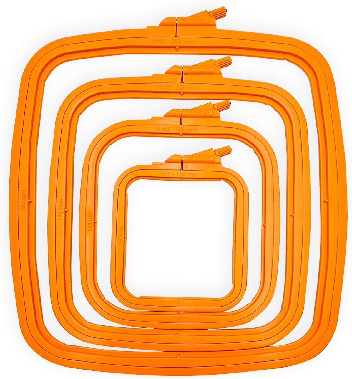 Nurge 4-Piece Square Embroidery Hoop Set, ABS Plastic, Multi-Size, Orange