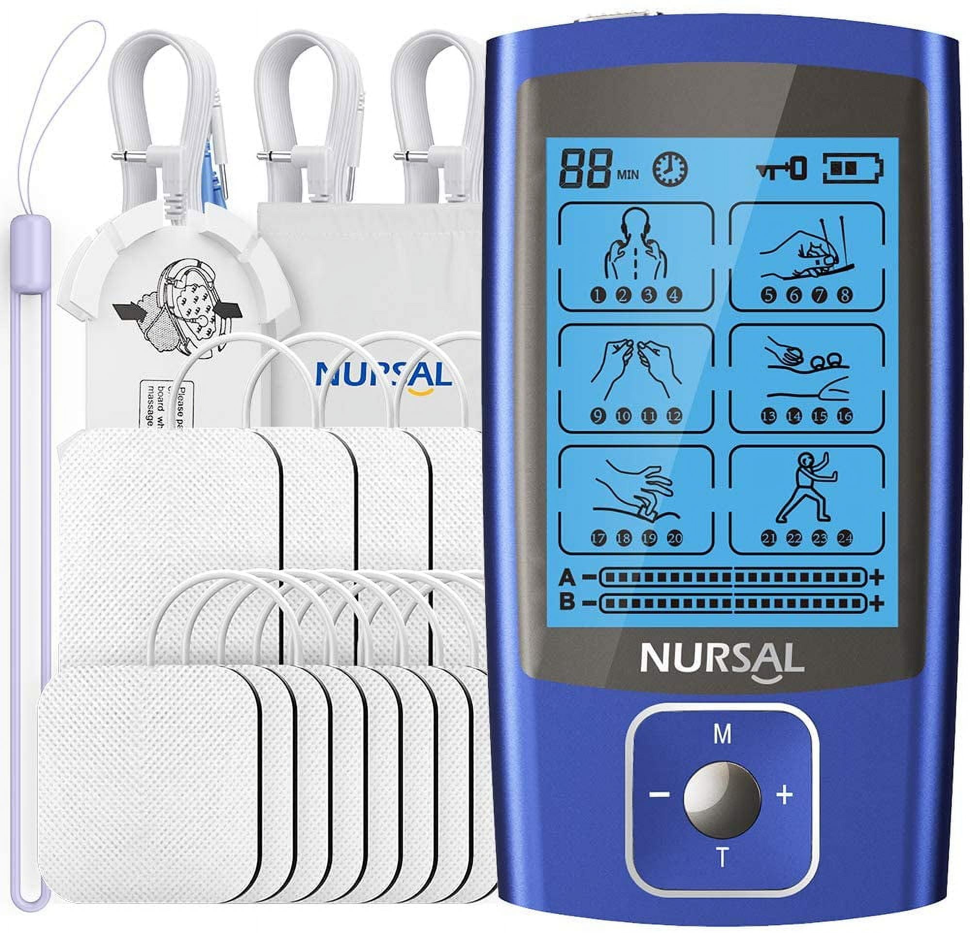 NURSAL 24 Modes Rechargeable Dual Channel TENS EMS Unit Muscle Stimulator  TENS Machine Pulse Massager with 12 Pcs Pads for Pain Relief Therapy 