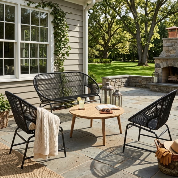 NUSA 4-Piece Outdoor Patio Chat Set, Black PE Rattan with Iron Frame, Solid Acacia Wood Coffee Table, 400 lbs Capacity Seating for Backyard Balcony Poolside