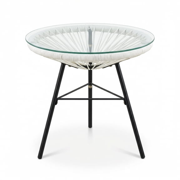 NUSA OUTDOOR SYNTHETIC WICKER GLASS-TOP SIDE TABLE, WHITE RATTAN