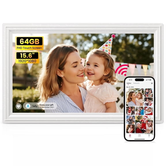 64GB 15.6 Inch Large WiFi Digital Picture Frame, Nusican Electronic Photo Video Frames with 1920X1080P FHD Touch Screen, Auto Rotate, Wall Mounted, Share instantly Via Phone App, Idea Chris Gift