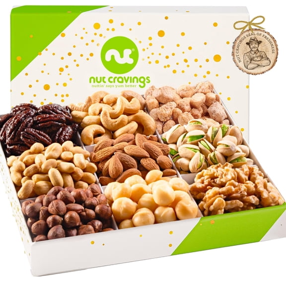 NUT CRAVINGS - Easter Mixed Nuts Gift Basket in White Gold Box (9 Assortments) Ramadan Gifts, Saint Patrick's Day Treats for Adults, Food Arrangement, Healthy Snack Care Package, Kosher