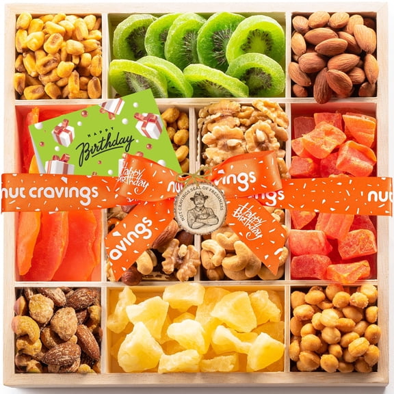 NUT CRAVINGS Gourmet Collection - Happy Birthday Treats, Dried Fruit & Mixed Nuts Gift Basket with Bday Ribbon in Reusable Wooden Tray (12 Assortments) Food Arrangement, Healthy Snack Food Assortment