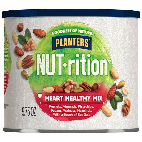 NUT-RITION Heart Healthy Nut Mix with Peanuts, Almonds, Pistachios, Pecans, Walnuts, Hazelnuts Sea Salt, 9.75 oz Canister