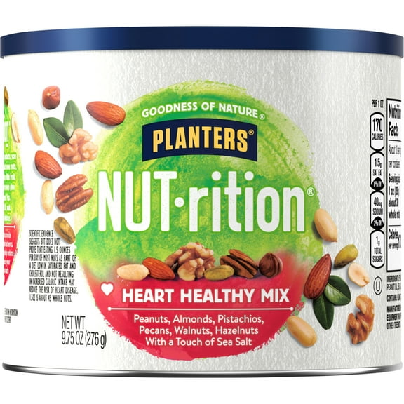 NUT-RITION Heart Healthy Nut Mix with Peanuts, Almonds, Pistachios, Pecans, Walnuts, Hazelnuts, Sea Salt, Plant Based Protein, 9.75 oz Canister