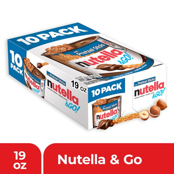 Nutella & GO! Chocolate Hazelnut Spread with Cocoa + Pretzel Sticks, 10 Snack Packs, 1.9 oz Each