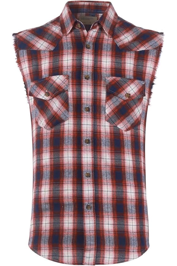 Men's Casual Flannel Plaid Shirt Sleeveless Cotton Plus Size Vest Navy&Red and White M