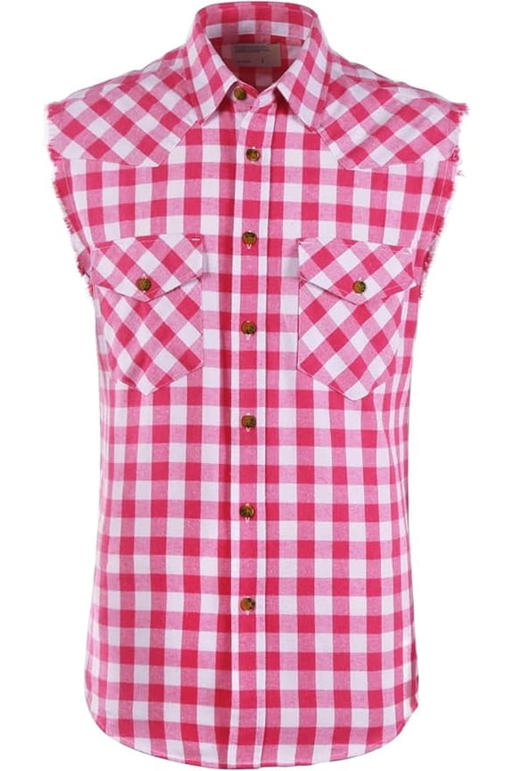 Men's Casual Flannel Plaid Shirt Sleeveless Cotton Plus Size Vest Pink and White L