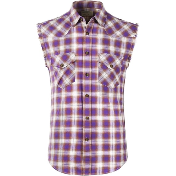 NUTEXROL Men's Casual Flannel Plaid Shirt Sleeveless Cotton Plus Size Vest Purple and White S