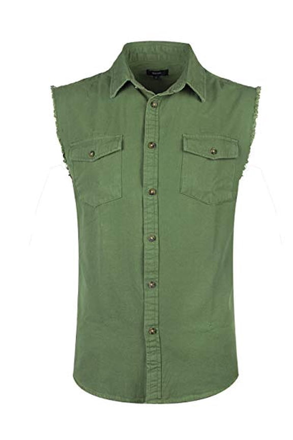 Men's Sleeveless Denim/Cotton Shirt Biker Vest 2 Front Pockets