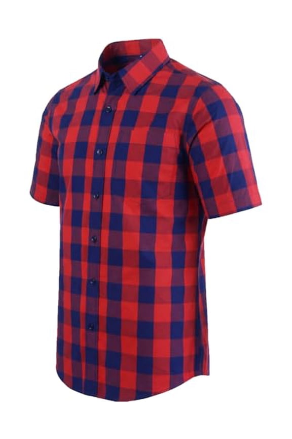 Mens Button Down Short Sleeve Shirts Plaid Casual Soft Dress Regular Fit Shirt With Pocket Red and Blue L