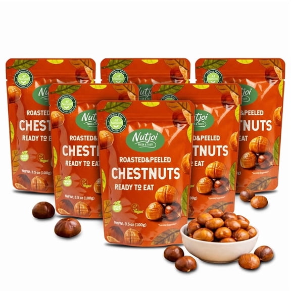 NUTJOI Roasted Chestnuts Ready to Eat, Peeled & Cooked Whole Chestnuts, Vegan & Gluten-Free Snack, 3.5 oz (Pack of 6)