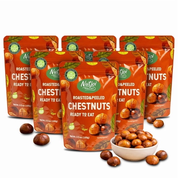 NUTJOI Roasted Chestnuts Ready to Eat, Peeled & Cooked Whole Chestnuts, Vegan & Gluten-Free Snack, 3.5 oz (Pack of 6)
