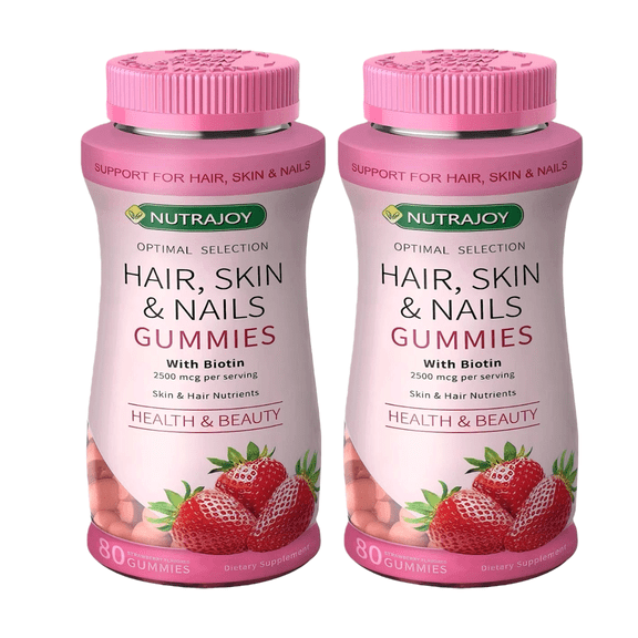 NUTRAJOY Hair, Skin, and Nail Vitamins Gummies, containing 2500 mcg of biotin, strawberry flavor, 80 gummies per bottle, 40 servings in total.