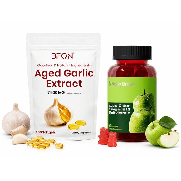 Aged Garlic Extract Softgels & Apple Cider Vinegar B12 Multivitamin Gummies Bundle, 7,500 mg Garlic Extract, Odorless Natural Ingredients, ACV Gummies, 300 Softgels + 60 Gummies