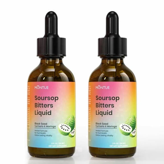 NUTRAJOY Soursop Bitters Liquid – 16-in-1 Herbal Blend with Black Seed, Moringa, Irish Moss, Turmeric & Ashwagandha for Gut Cleanse & Immune Support, 2 fl oz
