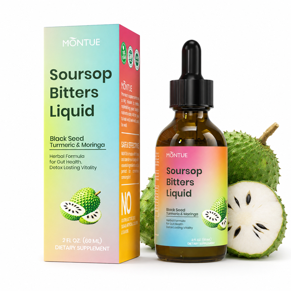 Montue Soursop Bitters Liquid – 16-in-1 Herbal Blend with Black Seed, Moringa, Irish Moss, Turmeric & Ashwagandha for Gut Cleanse & Immune Support, 2 fl oz