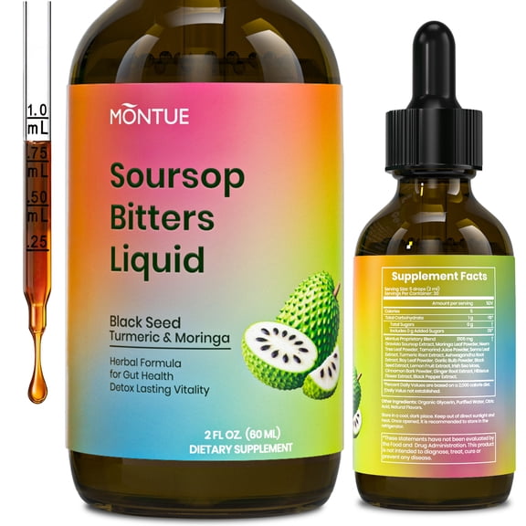 Montue Soursop Bitters Liquid – 16-in-1 Herbal Blend with Black Seed, Moringa, Irish Moss, Turmeric & Ashwagandha for Gut Cleanse & Immune Support, 2 fl oz