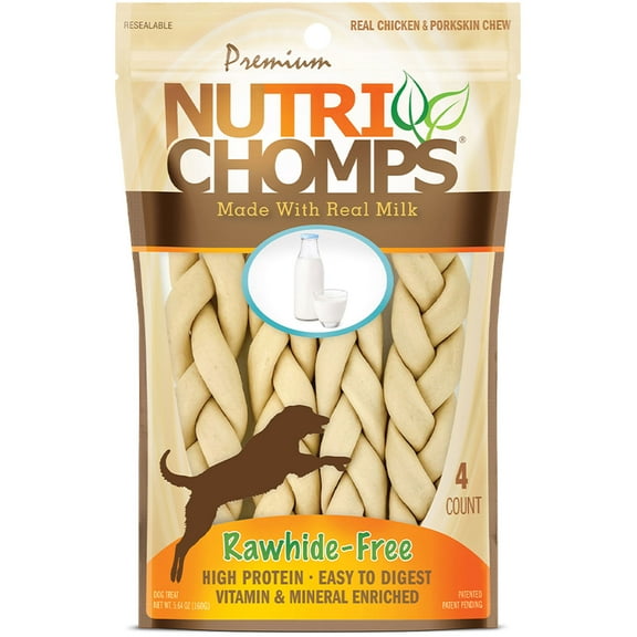 NutriChomps Premium Rawhide-Free Braided Dog Treats, Milk Flavor, 6 Inch, 4 Count