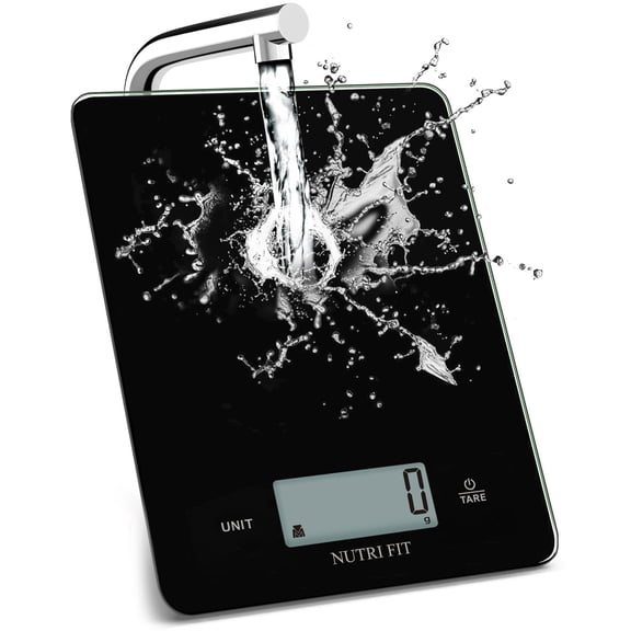 NUTRI FIT Waterproof Food Scale for Kitchen, Weight Grams and Oz 11lbs, LCD Display Tempered Glass Panel, AAA Batteries Included