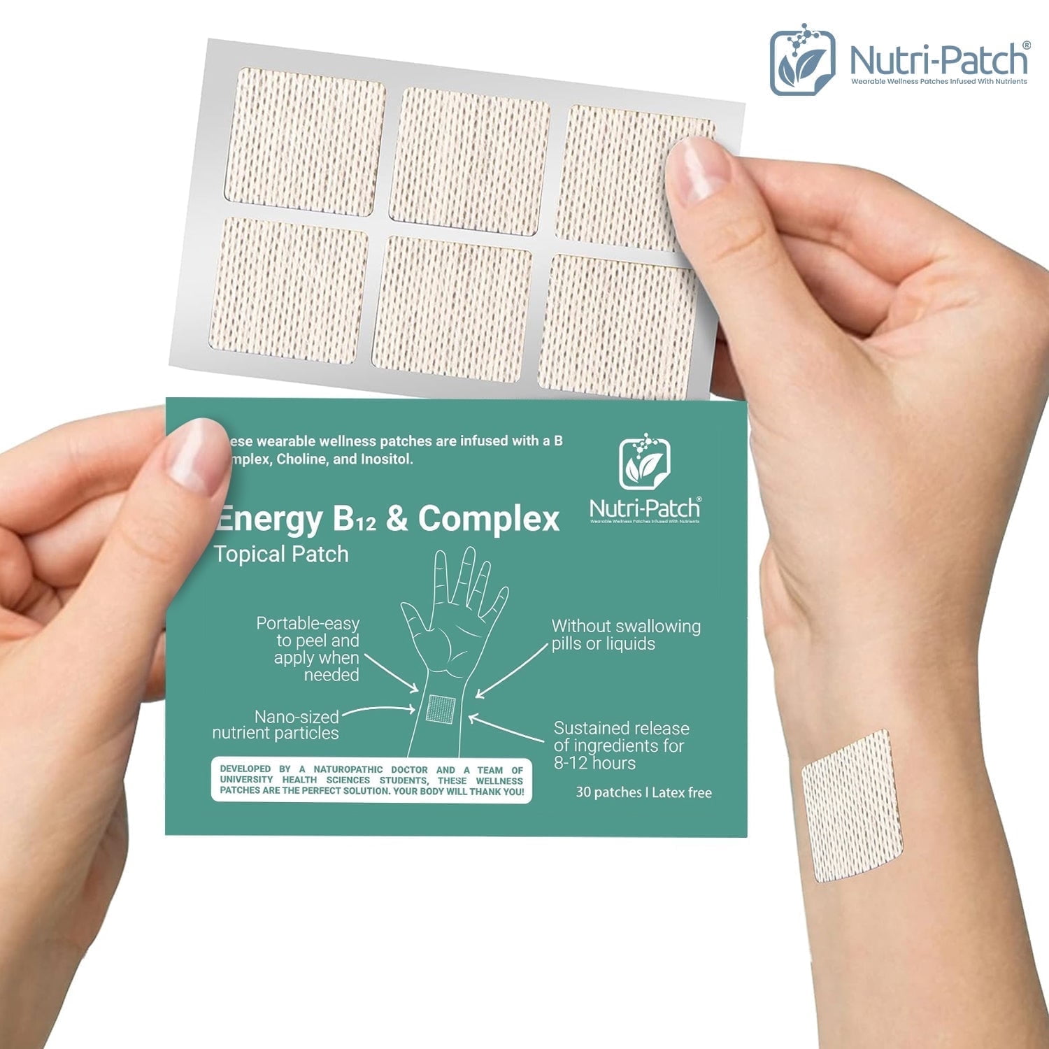 NUTRI-PATCH Energy B12 & B-Complex Skin Patches | Sustained Release Vitamins with Biotin, Choline, Inositol (30 Count)