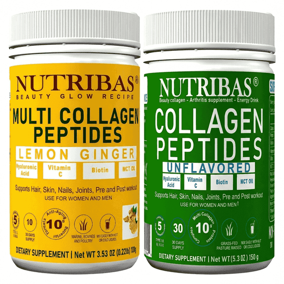 Nutribas Protein Multi Collagen Peptides Powder Whole Body Support Formula With MCT, Vitamin C, Biotin & Hyaluronic Acid, Lemon Unflavored, 9 oz