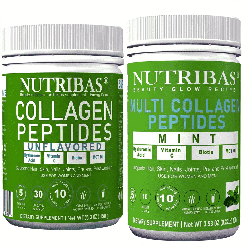 Nutribas Protein Multi Collagen Peptides Powder for Whole Body Support with MCT, Vitamin C, Biotin & Hyaluronic Acid, Unflavored & Mint, 9 oz