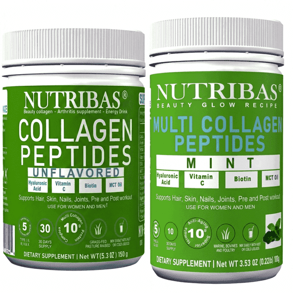 Nutribas Protein Multi Collagen Peptides Powder for Whole Body Support with MCT, Vitamin C, Biotin & Hyaluronic Acid, Unflavored & Mint, 9 oz