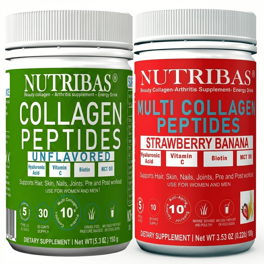 Nutribas Protein Multi Collagen Peptides Powder for Whole Body Support with MCT, Vitamin C, Biotin & Hyaluronic Acid, Unflavored & Strawberry Banana, 9 oz
