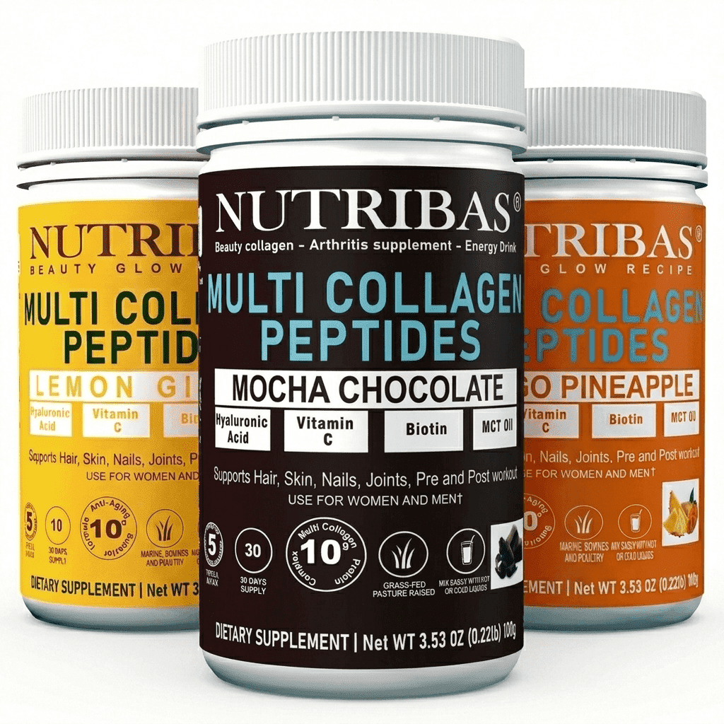 Nutribas Protein Multi Collagen Peptides Powder Whole Body Support Formula With MCT, Vitamin C, Biotin & Hyaluronic Acid , Lemon Chocolate Mango, 11 oz