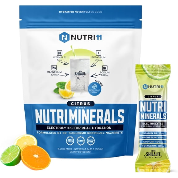 NUTRIMINERALS Hydration Electrolyte Powder | Advanced Vitamin B1, Shilajit & Pink Himalayan Salt | Zero Sugar | 15 Stick Packs | Clean Energy, Recovery & Detox Support (15 Sticks Pack, Citrus)