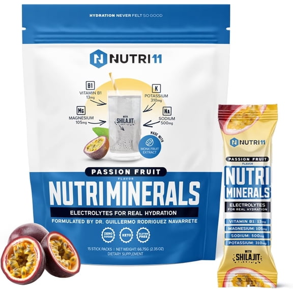NUTRIMINERALS Hydration Electrolyte Powder | Advanced Vitamin B1, Shilajit & Pink Himalayan Salt | Zero Sugar | 15 Stick Packs | Clean Energy, Recovery & Detox Support (15 Sticks Pack, Passion Fruit)