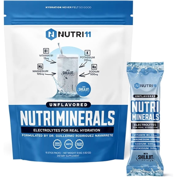 NUTRIMINERALS Hydration Electrolyte Powder | Advanced Vitamin B1, Shilajit & Pink Himalayan Salt | Zero Sugar | 15 Stick Packs | Clean Energy, Recovery & Detox Support (15 Sticks Pack, Unflavored)