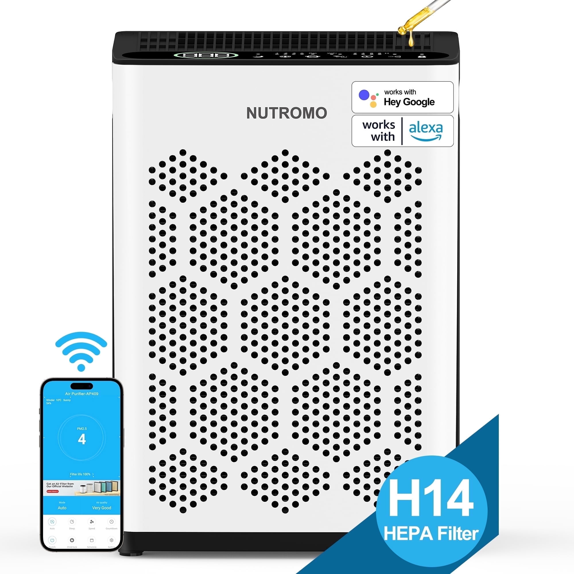 NUTROMO Smart H14 HEPA Air Purifier for Home up to 2400 Sq. Ft., Washable Pre-Filter, Aromatherapy, Air Purifier for Allergies and Asthma