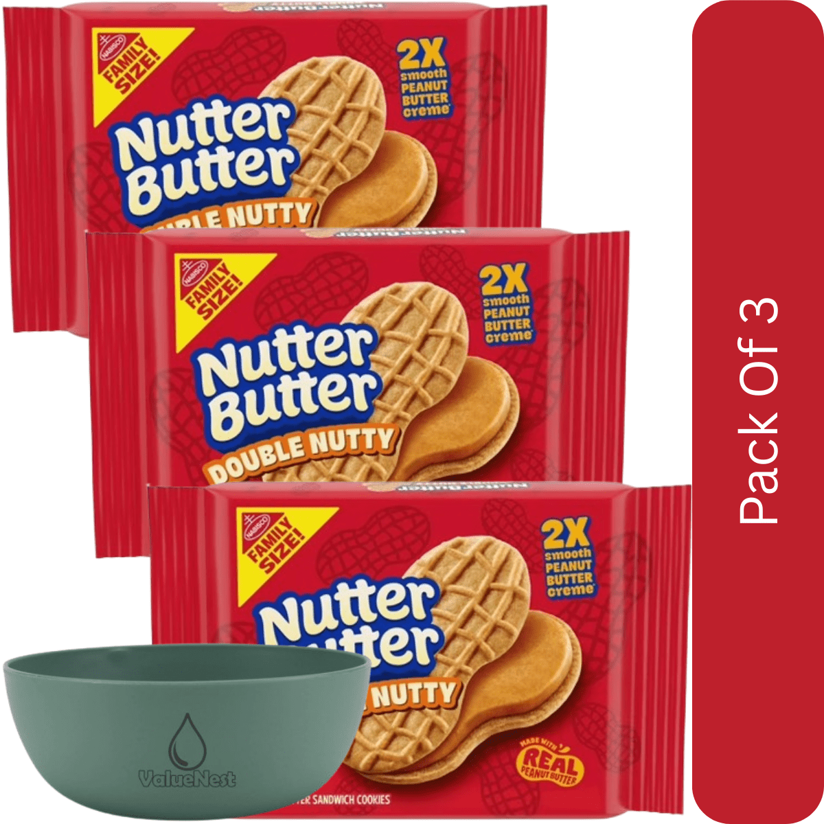 NUTTER BUTTER Double Nutty Peanut Butter Sandwich Cookies, Family Size, 15.27 oz-3pk, With Olive Green Bowl By ValueNest