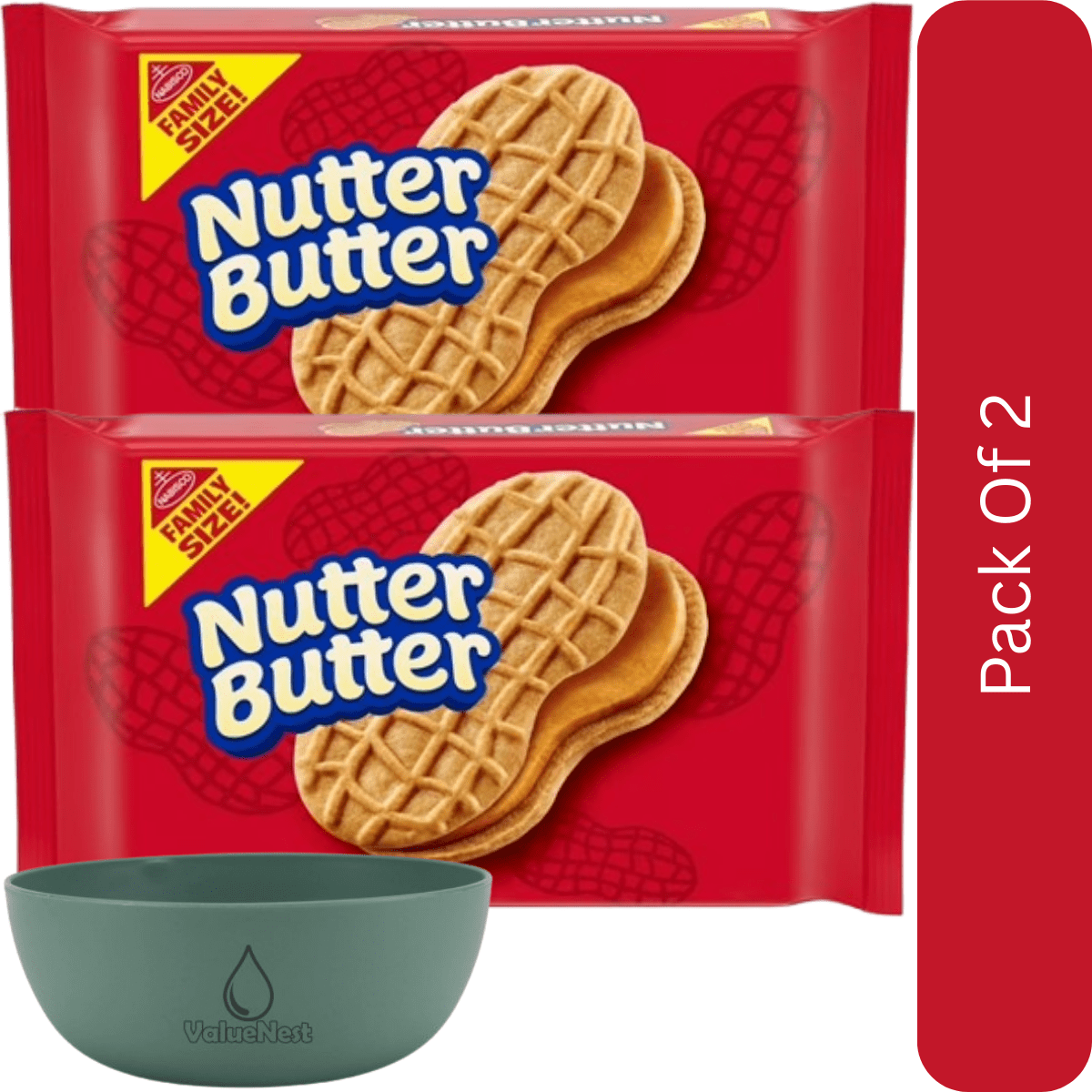 NUTTER BUTTER Peanut Butter Sandwich Cookies, Family Size, 16 oz-2pk,With Olive Green Bowl By ValueNest