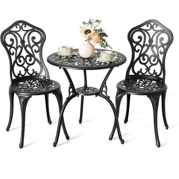 NUU GARDEN 3 Pieces Patio Bistro Set, Outdoor Bistro Set with 2 Chairs, Round Table with Umbrella Hole, All-Weather Outdoor Patio Bistro Set for Garden, Lawn, Poolside, Porch, Black