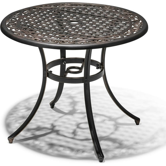 NUU GARDEN 36 Inch Patio Dining Table with Umbrella Hole, Outdoor Cast Aluminum Bistro Table, Black with Antique Bronze at The Edge