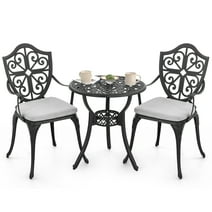 NUU GARDEN Bistro Set 3 Piece Outdoor, Cast Aluminum Patio Bistro Sets with Umbrella Hole and Grey Cushions, Bistro Table and Chairs Set of 3 for Patio Backyard, Black
